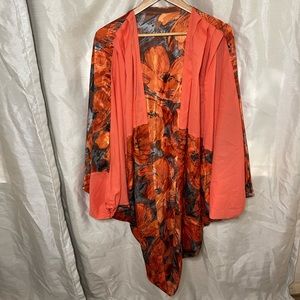 VTG 80’s Handmade Coral Blue Floral Kimono Drop Sleeve Cardigan Blouse Coverup